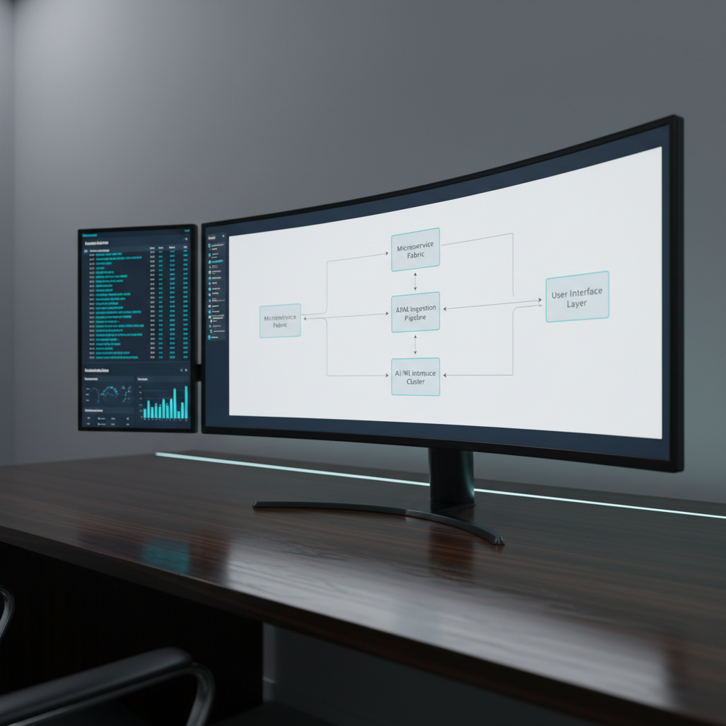 A large, ultra-wide computer monitor on a minimalist dark wood desk, displaying a clean architectural diagram of a complex software system with clearly labeled components and data flows. The background shows a second smaller monitor with log metrics and performance dashboards, all in muted blues and teals. The scene is set in a quiet, high-end office with matte gray walls and subtle accent LED lighting along the desk edge. Soft, cool studio lighting highlights the screens and creates gentle reflections on the desk’s surface. Shot from a slightly elevated angle with a shallow depth of field, the primary monitor is in sharp focus while the background softly blurs. The atmosphere is focused, methodical, and precise, conveying expert software consulting in a photographic, modern style.