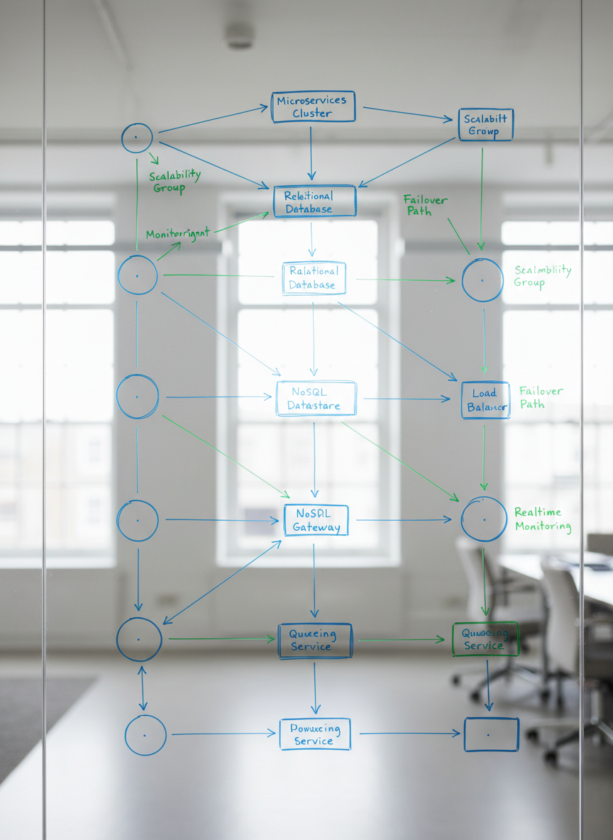 A close-up of a robust network topology diagram sketched with precision on a glass whiteboard wall using fine blue, black, and green markers. The diagram shows interconnected services, databases, and APIs forming a resilient architecture, with small annotations indicating failover, monitoring, and scalability. Behind the translucent glass, blurred hints of a modern office space with neutral tones are visible. Bright, diffused daylight from ceiling-height windows fills the scene, eliminating harsh shadows and creating a crisp, analytical atmosphere. Photographed straight on at eye level, the image uses moderate depth of field so the diagram is perfectly sharp while the background remains soft. The style is clean photographic realism, evoking thoughtful planning, durability, and systems built to last.