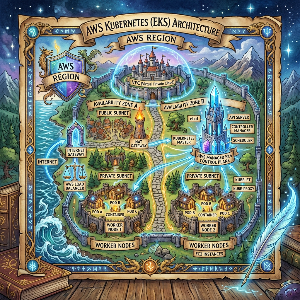 Illustrated AWS Kubernetes EKS architecture showing VPC, public and private subnets, control plane, worker nodes, and network elements.